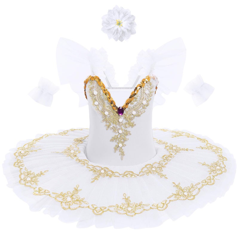 IBAKOM Ballet Leotards for Girl Gold Floral Flutter Sleeve Shiny Swan Lake Little Ballerina Platter Tutu Kid Professional Ballet Dance Pancake Dress Toddler Swan Lake Outfits White 78 Years - Image 2