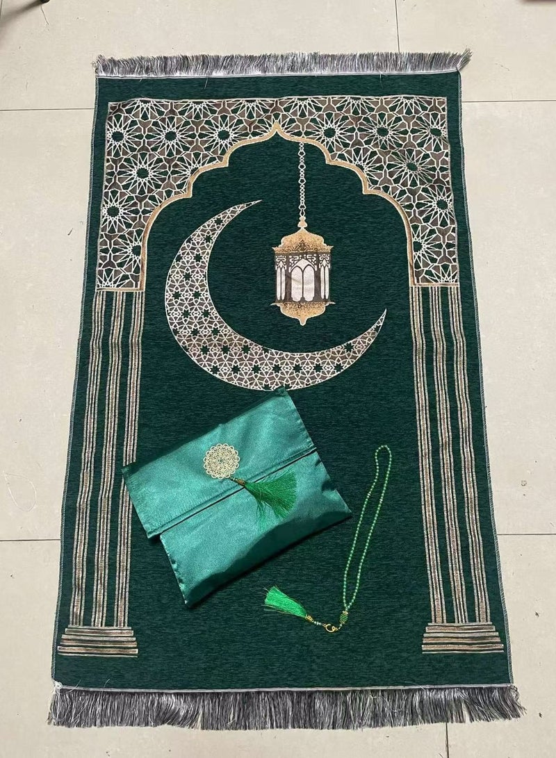 Muslim Prayer Rug with Tasbih and Portable Bag/ New Moon Pattern/ Muslim Gift for Women Men, Mubarak Islamic Box, Soft Mat Islam Gifts Set( Emerald)/ 110*70cm  - Image 2