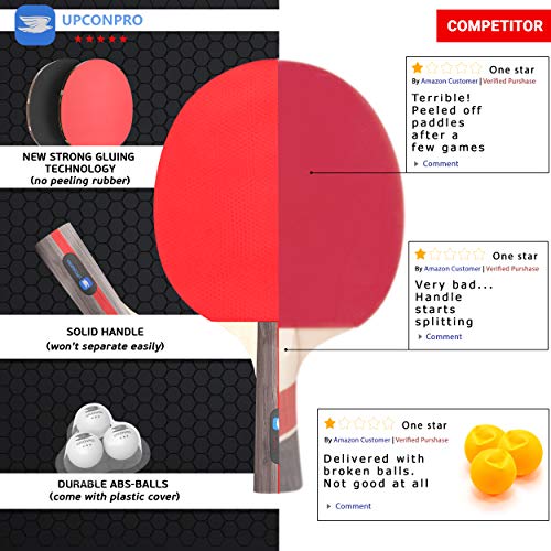 UPCONPRO Professional Ping Pong Paddle Set - 2 Pack Premium Table Tennis Racket Set, 3 Professional Game Balls, Training Recreational Racquet Kit, Durable Handle Sturdy Rubber, Portable Carry Case Bag - Image 3