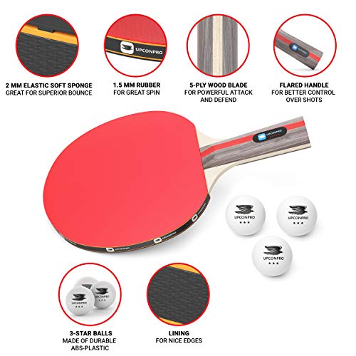 UPCONPRO Professional Ping Pong Paddle Set - 2 Pack Premium Table Tennis Racket Set, 3 Professional Game Balls, Training Recreational Racquet Kit, Durable Handle Sturdy Rubber, Portable Carry Case Bag - Image 2