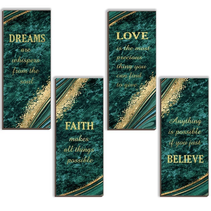 4 PCS GREEN GOLD BATHROOM DECOR GREEN GOLD WALL DECOR WITH DREAMS FAITH LOVE BELIEVE WOODEN RUSTIC MARBLE STYLE VERSATILE BATHROOM ACCESSORIES FOR BEDROOM LIVING ROOM10X4