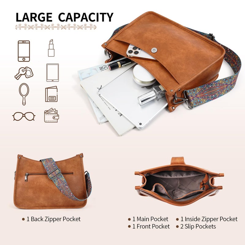 APHISON Crossbody Bags For Women Trendy, Vegan Leather Hobo Handbags Crossbody Purses Shoulder Bucket Bag with 2 Strap Brown - Image 5