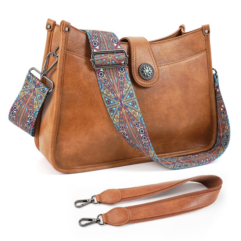 APHISON Crossbody Bags For Women Trendy, Vegan Leather Hobo Handbags Crossbody Purses Shoulder Bucket Bag with 2 Strap Brown - Image 1