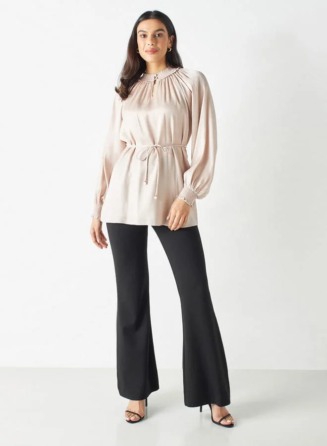 Iconic Iconic Textured Top with Volume Sleeves and Tie-Up Belt
