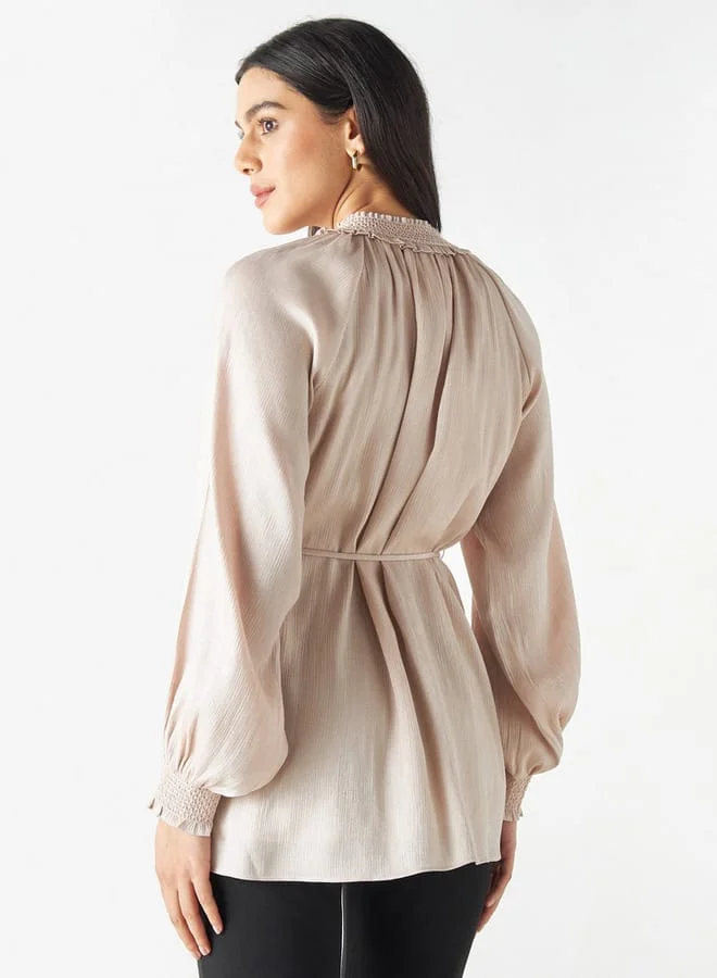 Iconic Iconic Textured Top with Volume Sleeves and Tie-Up Belt