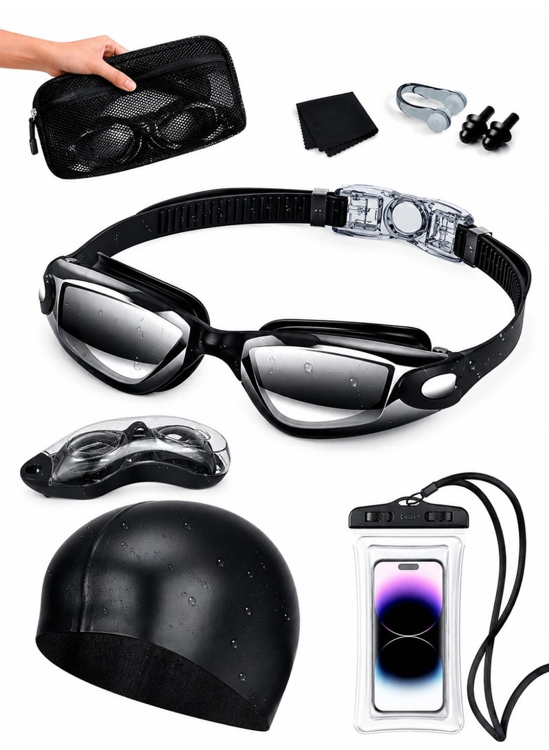 BOFAN 7-in-1 Anti-Fog Swimming Goggles Set with UV Protection, Leakproof Silicone Fit, Swim Cap, Nose Clip, Earplugs, Goggles Case, Waterproof Phone Pouch, Cleaning Cloth & Storage Bag – Unisex Goggles for Men, Women & Teens, Premium Set for Swimming and Everyday Use - Image 1