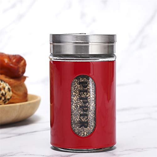 STJKBDFC Salt and Pepper Shakers Stainless Steel and Glass Set with Adjustable Pour Holes (Red) - Image 5