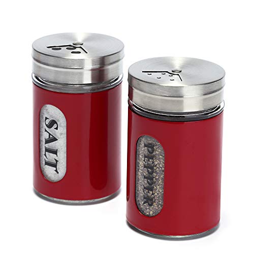 STJKBDFC Salt and Pepper Shakers Stainless Steel and Glass Set with Adjustable Pour Holes (Red) - Image 1