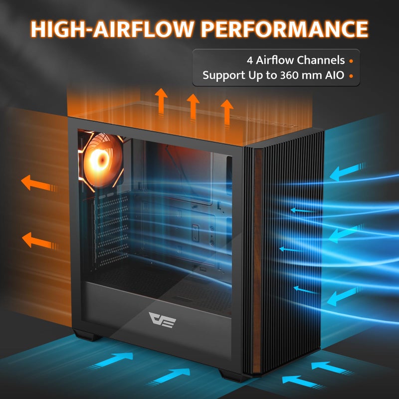 darkFlash DS900WS(2025) ATX PC Case, Genuine Walnut Wood, High Airflow, Pre-Install 4x120mm PWM ARGB Fans Computer Case, Mid-Tower Gaming PC Case, Type C Port, up to 360mm AIO(Black) - Image 5