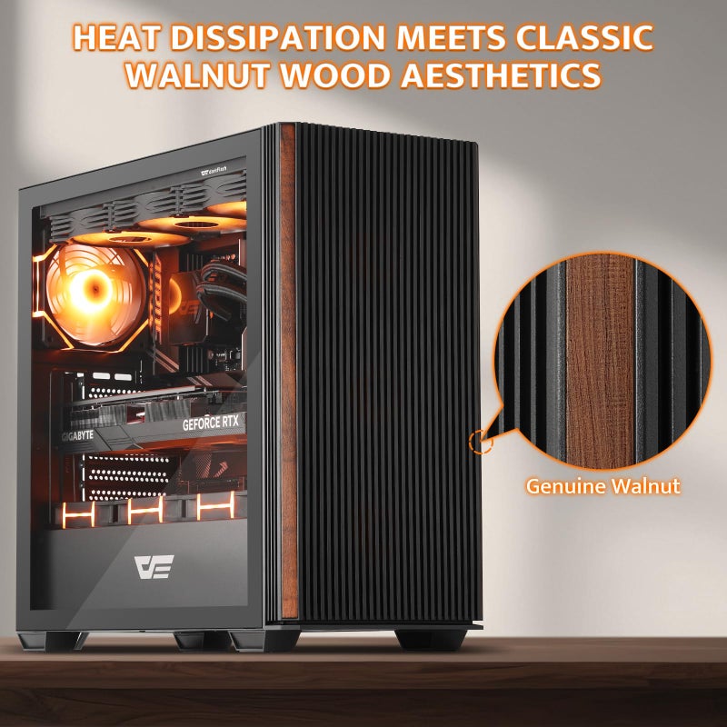 darkFlash DS900WS(2025) ATX PC Case, Genuine Walnut Wood, High Airflow, Pre-Install 4x120mm PWM ARGB Fans Computer Case, Mid-Tower Gaming PC Case, Type C Port, up to 360mm AIO(Black) - Image 3