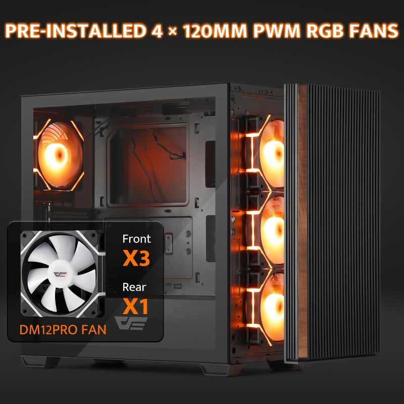 darkFlash DS900WS(2025) ATX PC Case, Genuine Walnut Wood, High Airflow, Pre-Install 4x120mm PWM ARGB Fans Computer Case, Mid-Tower Gaming PC Case, Type C Port, up to 360mm AIO(Black) - Image 4
