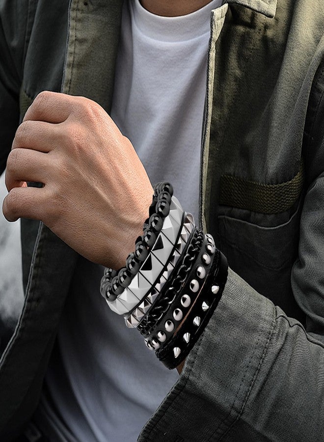 nuozodki Studded Bracelets for Men Women - 4 Pcs Punk Rock Leather Gothic Spike Cuff Bracelet Set Emo Accessories for Rocker,80s Punk Leather Rock and Roll Style Accessories - Image 5