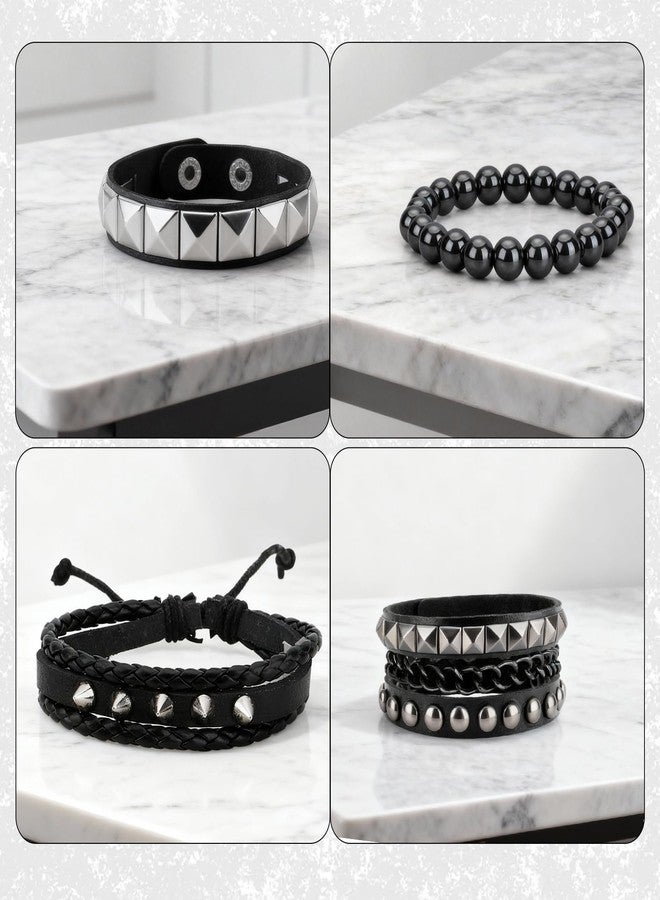 nuozodki Studded Bracelets for Men Women - 4 Pcs Punk Rock Leather Gothic Spike Cuff Bracelet Set Emo Accessories for Rocker,80s Punk Leather Rock and Roll Style Accessories - Image 3