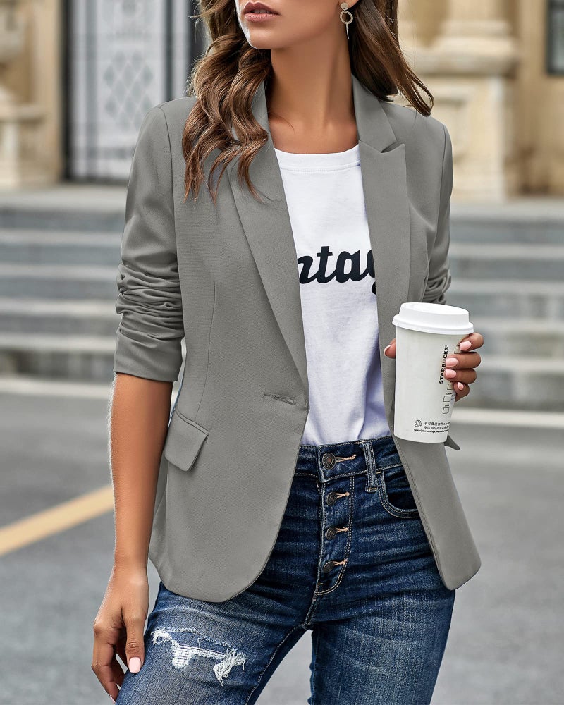 LookbookStore Women's Casual Grey Blazer Front Buttons Shoulder Pads Work Office Business Blazer Jacket Suit Size S - Image 3