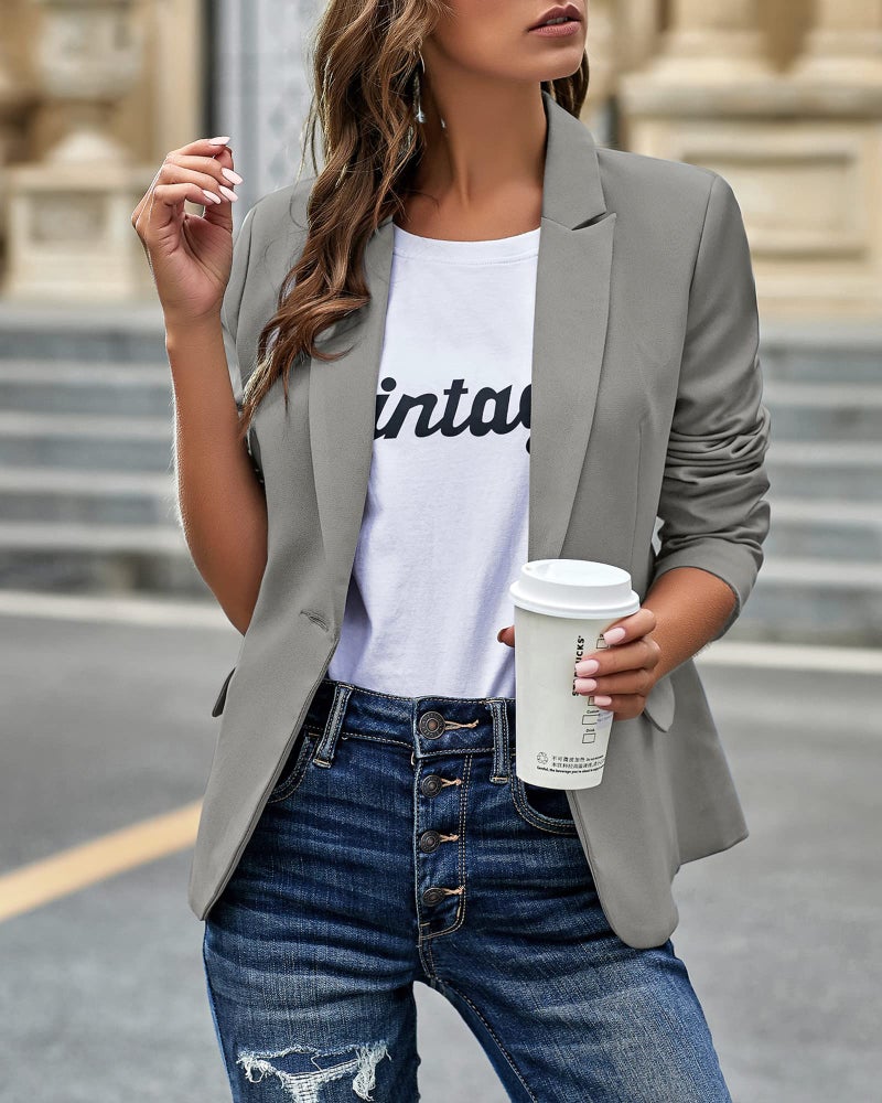 LookbookStore Women's Casual Grey Blazer Front Buttons Shoulder Pads Work Office Business Blazer Jacket Suit Size S - Image 5