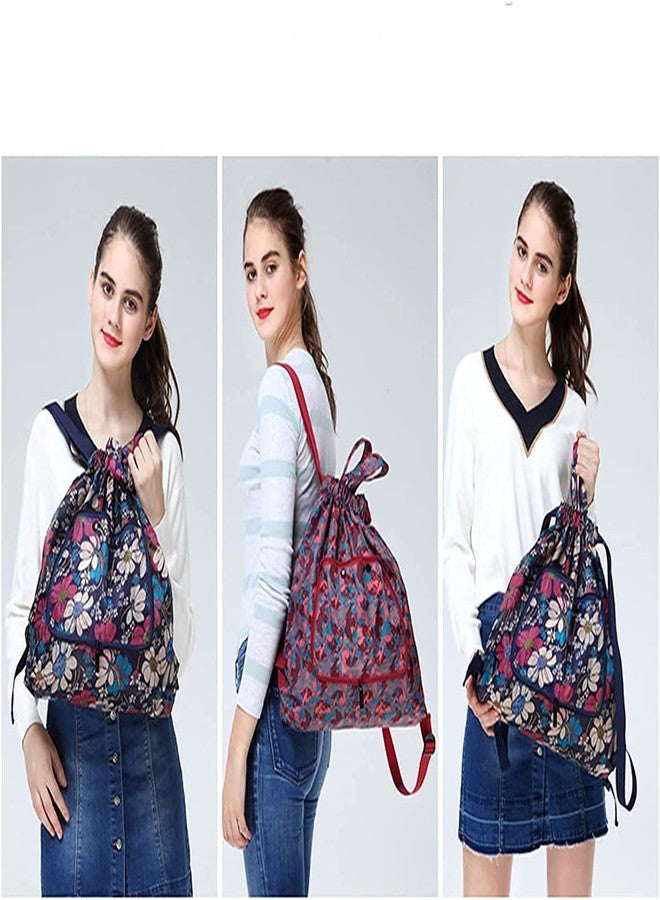 DHVSAM Drawstring Backpack Sports Gym Bag, Water Resistant String Sackpack Large Size with Zipper and Water Bottle Mesh Pockets for Gym Shopping Sport Yoga School Swimming Beach (Blue Flower) - Image 4