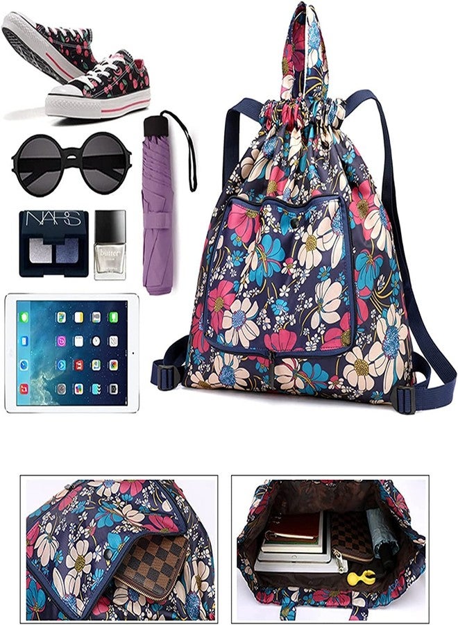 DHVSAM Drawstring Backpack Sports Gym Bag, Water Resistant String Sackpack Large Size with Zipper and Water Bottle Mesh Pockets for Gym Shopping Sport Yoga School Swimming Beach (Blue Flower) - Image 5