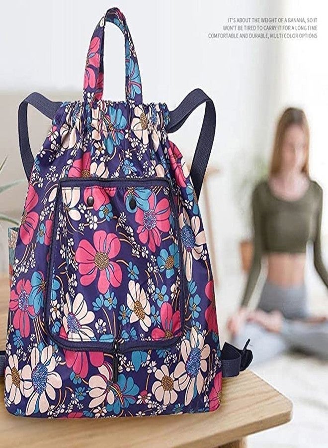 DHVSAM Drawstring Backpack Sports Gym Bag, Water Resistant String Sackpack Large Size with Zipper and Water Bottle Mesh Pockets for Gym Shopping Sport Yoga School Swimming Beach (Blue Flower) - Image 3