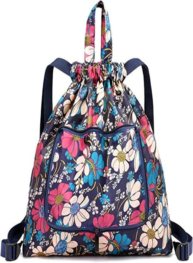DHVSAM Drawstring Backpack Sports Gym Bag, Water Resistant String Sackpack Large Size with Zipper and Water Bottle Mesh Pockets for Gym Shopping Sport Yoga School Swimming Beach (Blue Flower) - Image 1