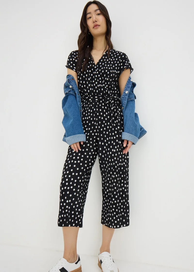 Matalan Black Monochrome Spot Plisse Culotte Jumpsuit