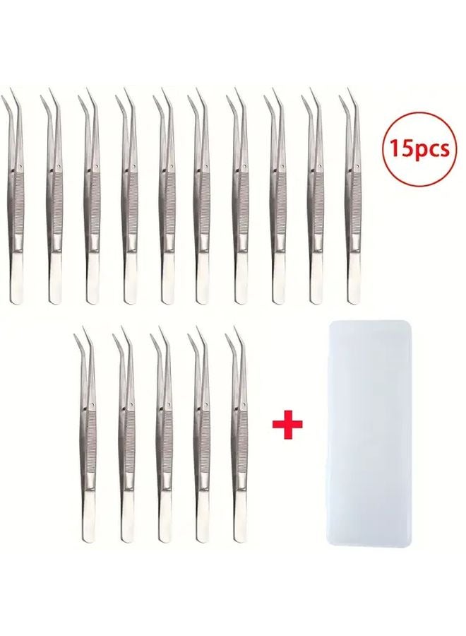 Stainless Steel Serrated Tip Tweezers Square Box 15 Clips Multi Functional Home Tool - Image 1
