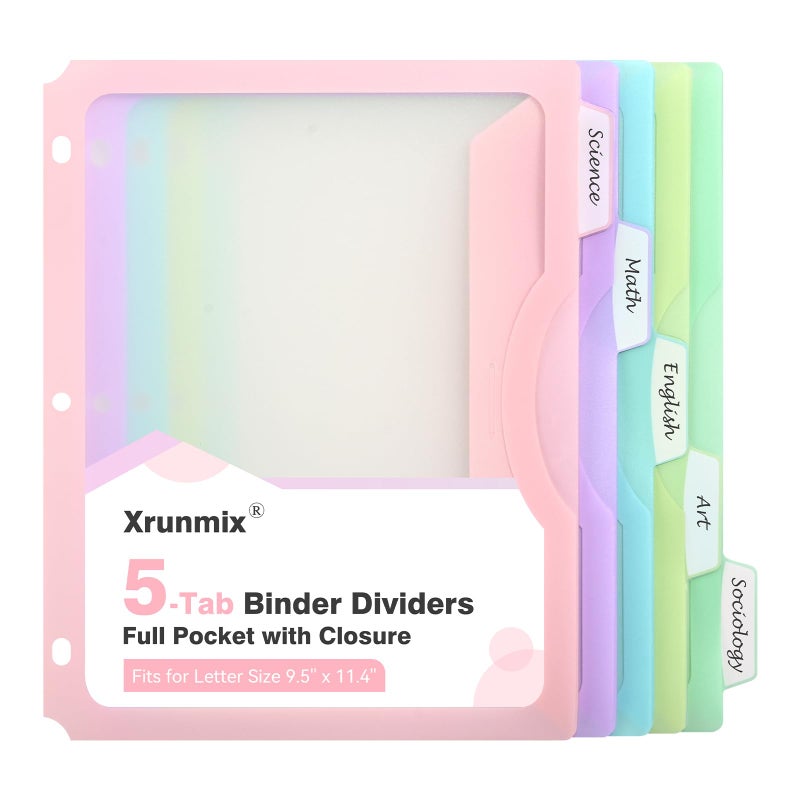 XRUNMIX 5-Tab Dividers with One Full Pocket, 5 Counts Binder Dividers, 8.5 x 11'' Dividers for 3 Ring Binder 1''/2'' Recipe Binder Dividers with 5 Tabs for Back to School, Pastel Color (1) - Image 1