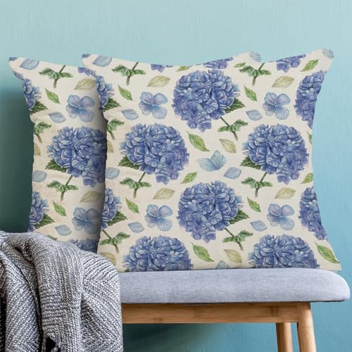 AEIOAE Spring Floral Pillow Covers 18x18 Inch Set of 2 Blue Green Hydrangea Flower Leaves Throw Pillows CaseSummer Outdoor Seasonal Decorative Farmhouse Decor Cushion Covers for Home Sofa Bed Couch - Image 3