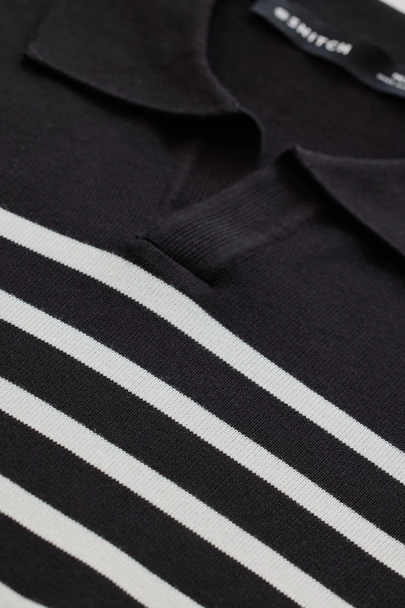 SNITCH Black Stripes Polo Slim Fit T-Shirt