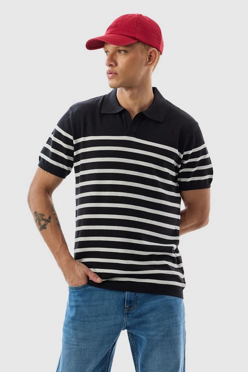 SNITCH Black Stripes Polo Slim Fit T-Shirt