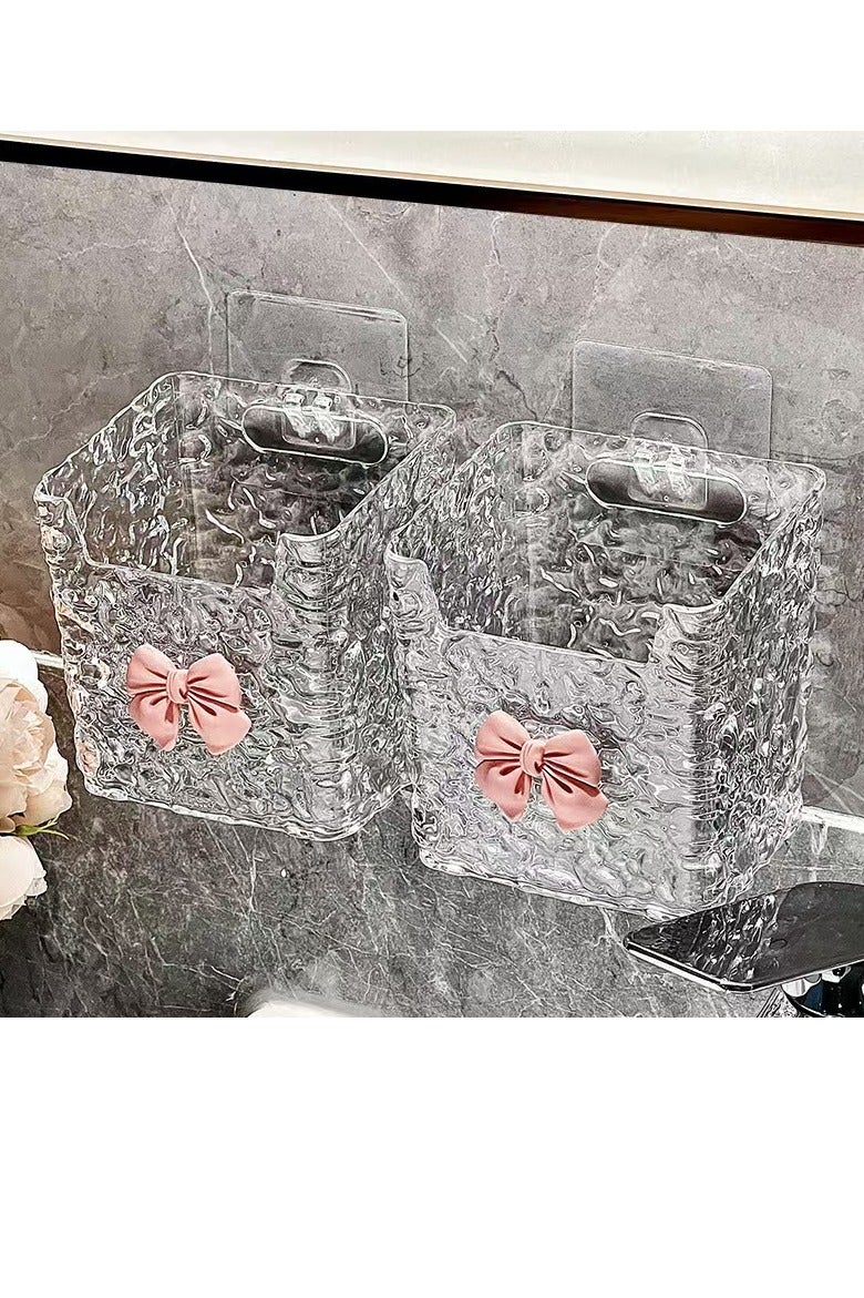 1pcs Elegant Wall-Mounted Bathroom Storage Box with Bow Accent - No-Drill, Organizer for Makeup Brushes, Toiletries & Soft Towels - Ideal for Home Decor and Gift, Bathroom Decor And Accessories - Image 1