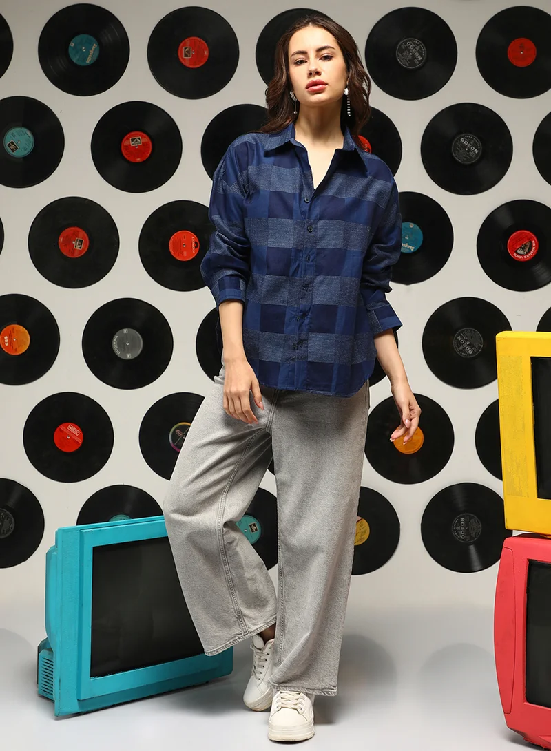 Campus Sutra Women's Steel Blue Buffalo-Check Oversized Shirt