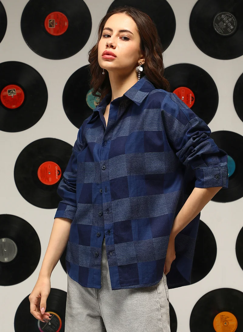 Campus Sutra Women's Steel Blue Buffalo-Check Oversized Shirt