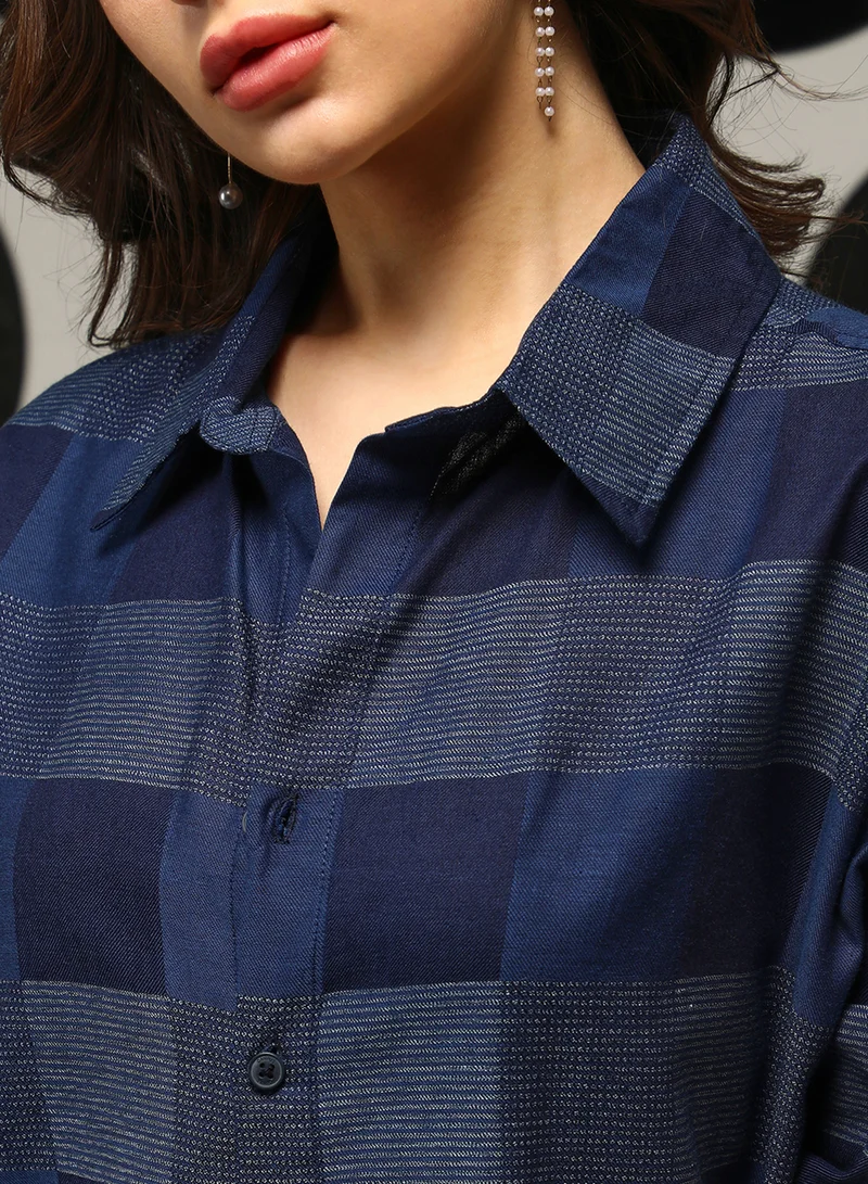 Campus Sutra Women's Steel Blue Buffalo-Check Oversized Shirt