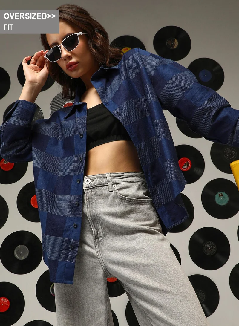 Campus Sutra Campus Sutra Women's Steel Blue Buffalo-Check Oversized Shirt For Casual Wear | Spread Collar | Long Sleeves | Button Closure | Oversized Shirt Crafted With Comfort Fit For Everyday Wear