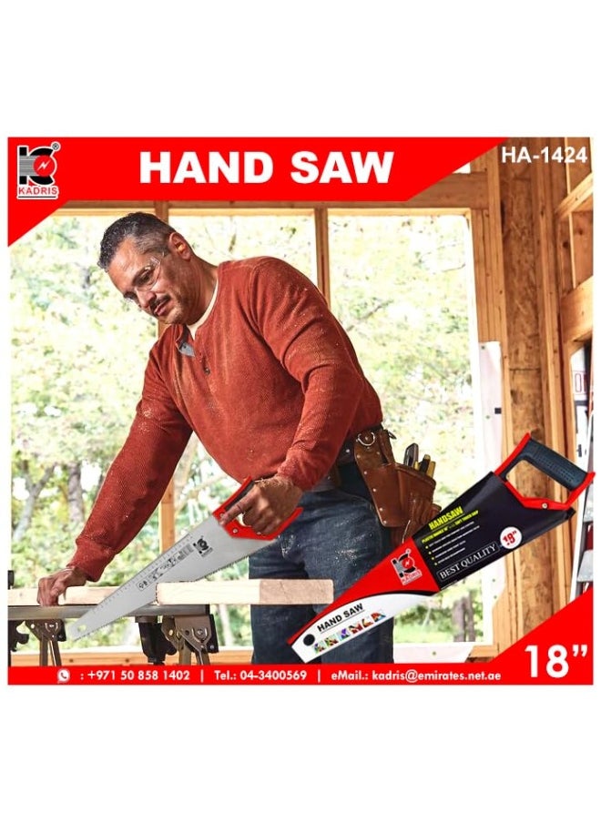 KADRIS - Hand Saw - 18"/460mm 7TPI Heat Treatment Teeth, Fast Cut, Long Life, Triple Teeth, 65Mn Material, Two Color Soft Handle, Precision Ground Teeth - Ideal for Woodworking and DIY HA1424 - Image 1