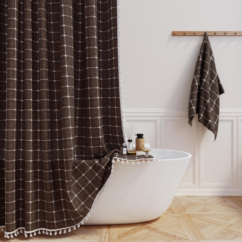 BTTN Boho Farmhouse Shower Curtain - Linen Rustic Heavy Duty Fabric Shower Curtain Set with Tassel, Water Repellent, Bohemian Vintage Country Thick Cloth Shower Curtains for Bathroom - Brown - 72x72 - Image 1