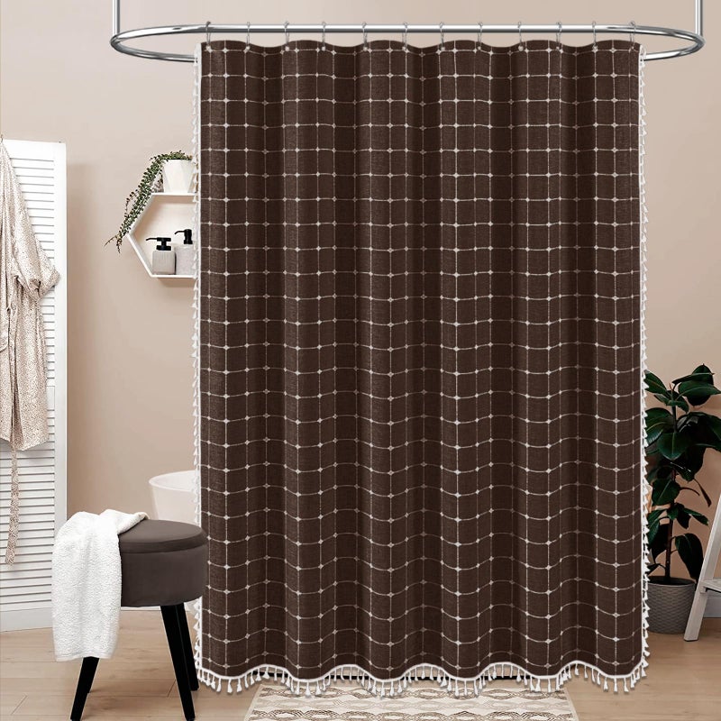 BTTN Boho Farmhouse Shower Curtain - Linen Rustic Heavy Duty Fabric Shower Curtain Set with Tassel, Water Repellent, Bohemian Vintage Country Thick Cloth Shower Curtains for Bathroom - Brown - 72x72 - Image 2