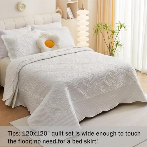 Cmfshape Oversize King Bedspread 120"x120",3 Piece California King Quilt,Lightweight Quilt Set for All Season,Modern Coin Pattern Bedding Set White - Image 3