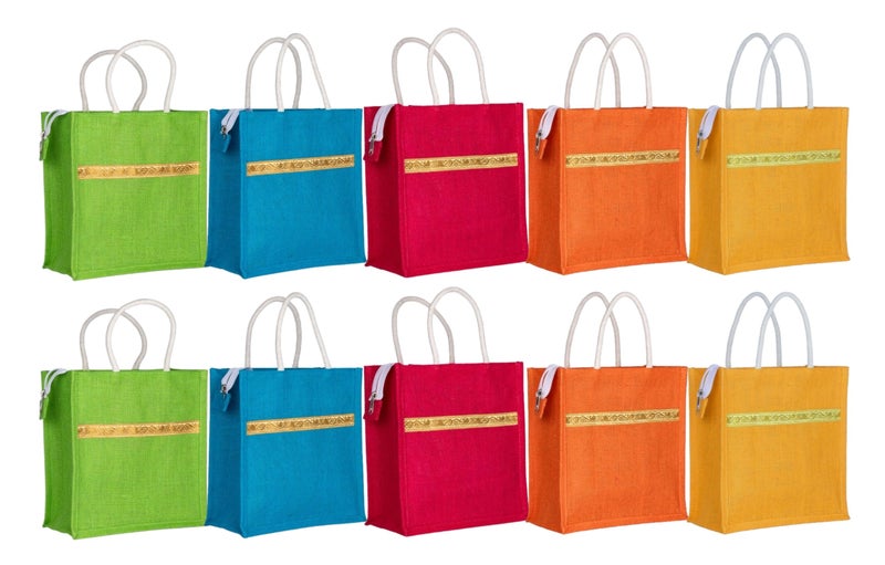 Soman Jute Ecofriendly Return Gift Bags Trendy Lace Multicolor with Zip Pack of 10 Bags - Image 1