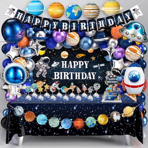 BORAMDO Outer Space Birthday Party Decorations Space Themed Party Supplies Planet Banner Backdrop Cake Topper Solar System Paper Lantern Galaxy Tablecloth Balloon Garland Kit for Space Astronaut Party Decor - Image 1
