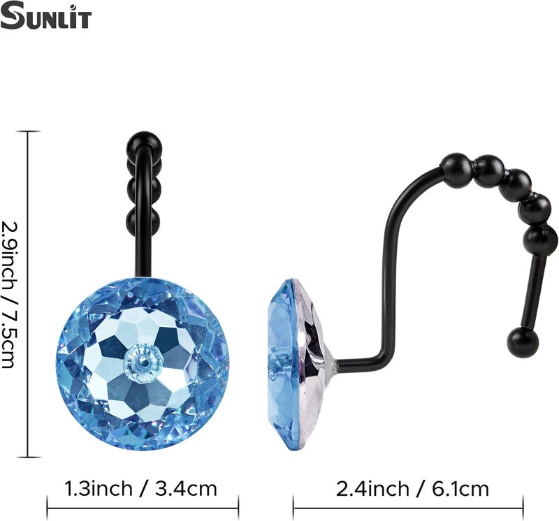 Sunlit Luxury Design Round Blue Diamond Crystal Gem Bling with Glide Balls Shower Curtain Hooks, Rust Proof Metal Rhinestones Glam Shower Curtain Rings with Black Hooks, Set of 12 - Image 4