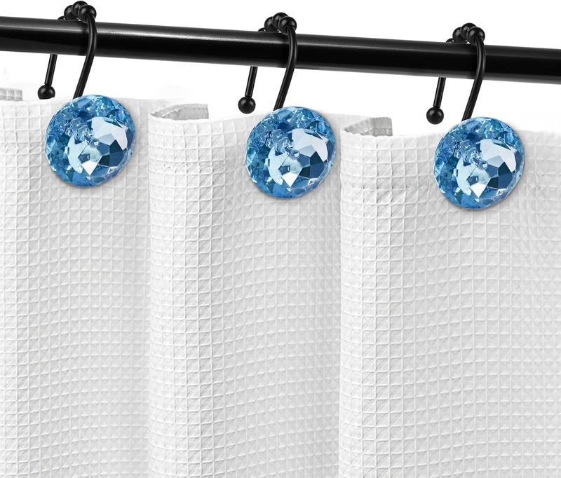 Sunlit Luxury Design Round Blue Diamond Crystal Gem Bling with Glide Balls Shower Curtain Hooks, Rust Proof Metal Rhinestones Glam Shower Curtain Rings with Black Hooks, Set of 12 - Image 5