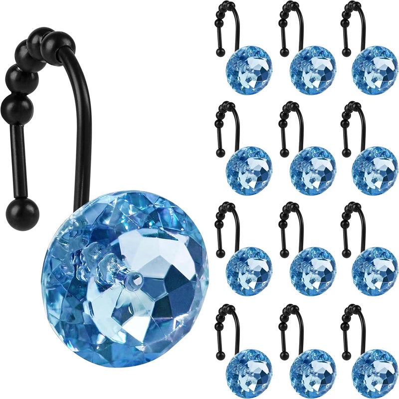 Sunlit Luxury Design Round Blue Diamond Crystal Gem Bling with Glide Balls Shower Curtain Hooks, Rust Proof Metal Rhinestones Glam Shower Curtain Rings with Black Hooks, Set of 12 - Image 1