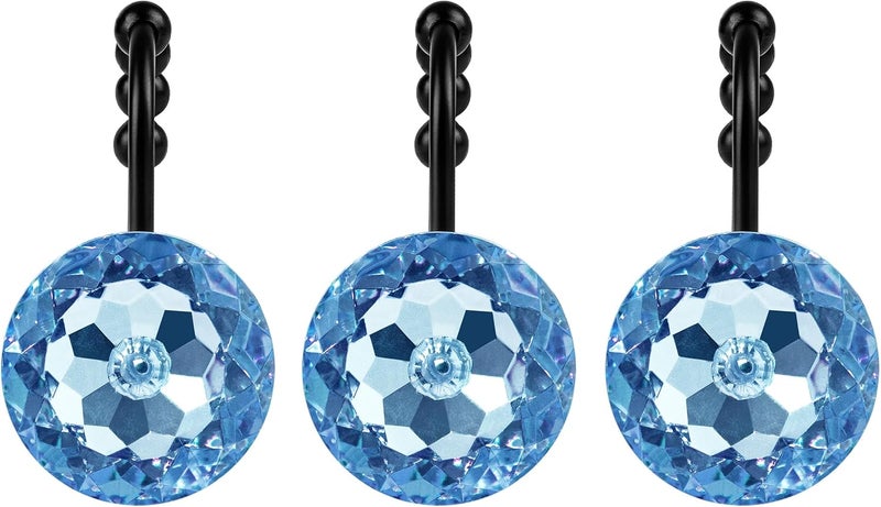 Sunlit Luxury Design Round Blue Diamond Crystal Gem Bling with Glide Balls Shower Curtain Hooks, Rust Proof Metal Rhinestones Glam Shower Curtain Rings with Black Hooks, Set of 12 - Image 2