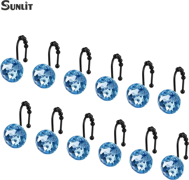 Sunlit Luxury Design Round Blue Diamond Crystal Gem Bling with Glide Balls Shower Curtain Hooks, Rust Proof Metal Rhinestones Glam Shower Curtain Rings with Black Hooks, Set of 12 - Image 3