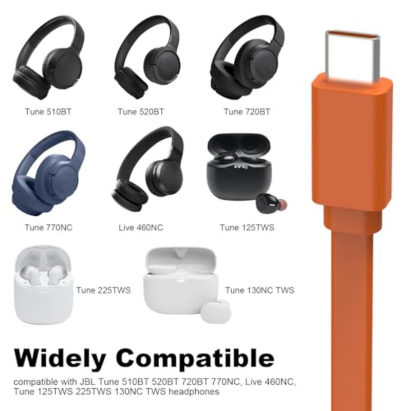 Replacement USB Type C Charger Cable Charging Cord Compatible with JBL Tune 510BT 520BT 720BT 770NC, Live 460NC, Tune 125TWS 225TWS 130NC TWS Headphones, Flip 5/6/7, Charge 4/5/6 Speakers - Image 2