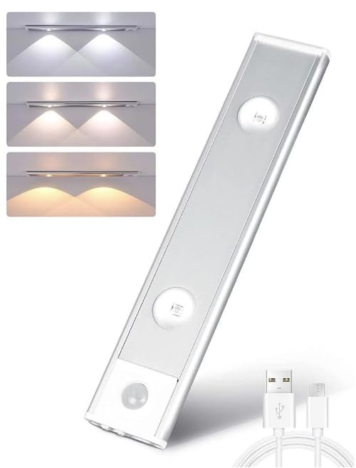XERGY LED Under Cabinet Wireless Lights, Under Counter Closet Lights with Motion Sensor, USB Rechargeable for Indoor Kitchen Closet Stairway Aluminum Alloy Casing & Magnet 3 Color Temperature (20 CM) - Image 1