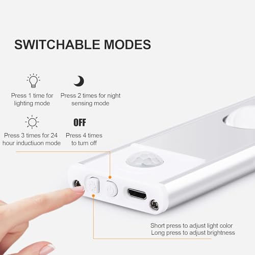 XERGY LED Under Cabinet Wireless Lights, Under Counter Closet Lights with Motion Sensor, USB Rechargeable for Indoor Kitchen Closet Stairway Aluminum Alloy Casing & Magnet 3 Color Temperature (20 CM) - Image 2