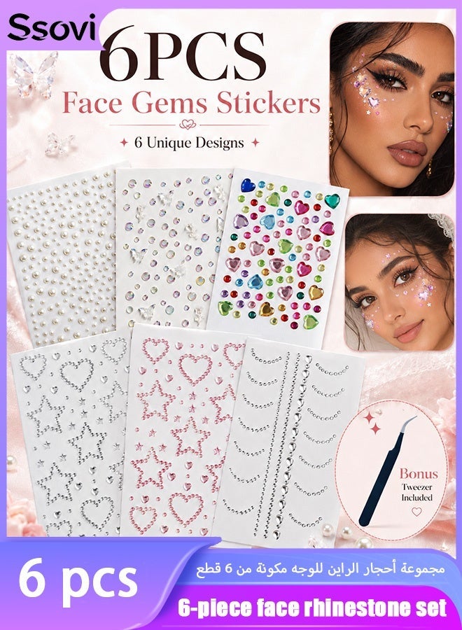 Ssovi Face Gems & Rhinestone Stickers (1400+ Pcs), 3D Self-Adhesive Pearls & Eye Jewels with Tweezers for Makeup, Hair & Nail Art (6 Sheets) - Image 1