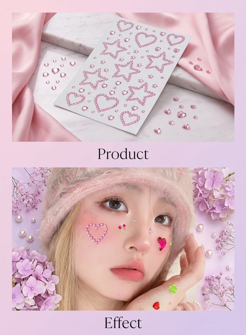 Ssovi Face Gems & Rhinestone Stickers (1400+ Pcs), 3D Self-Adhesive Pearls & Eye Jewels with Tweezers for Makeup, Hair & Nail Art (6 Sheets) - Image 4